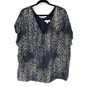 Halston Top Women's Size XL V-Neck Lined Blouse Short Sleeve Black/White